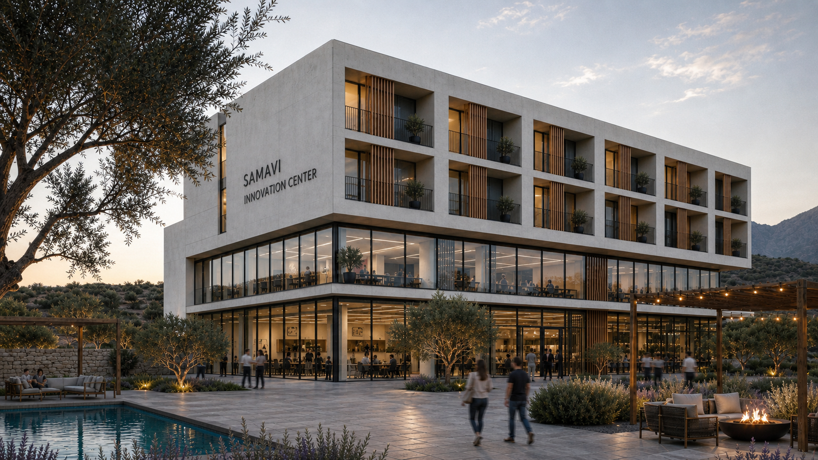 Samavi Innovation Center exterior at golden hour