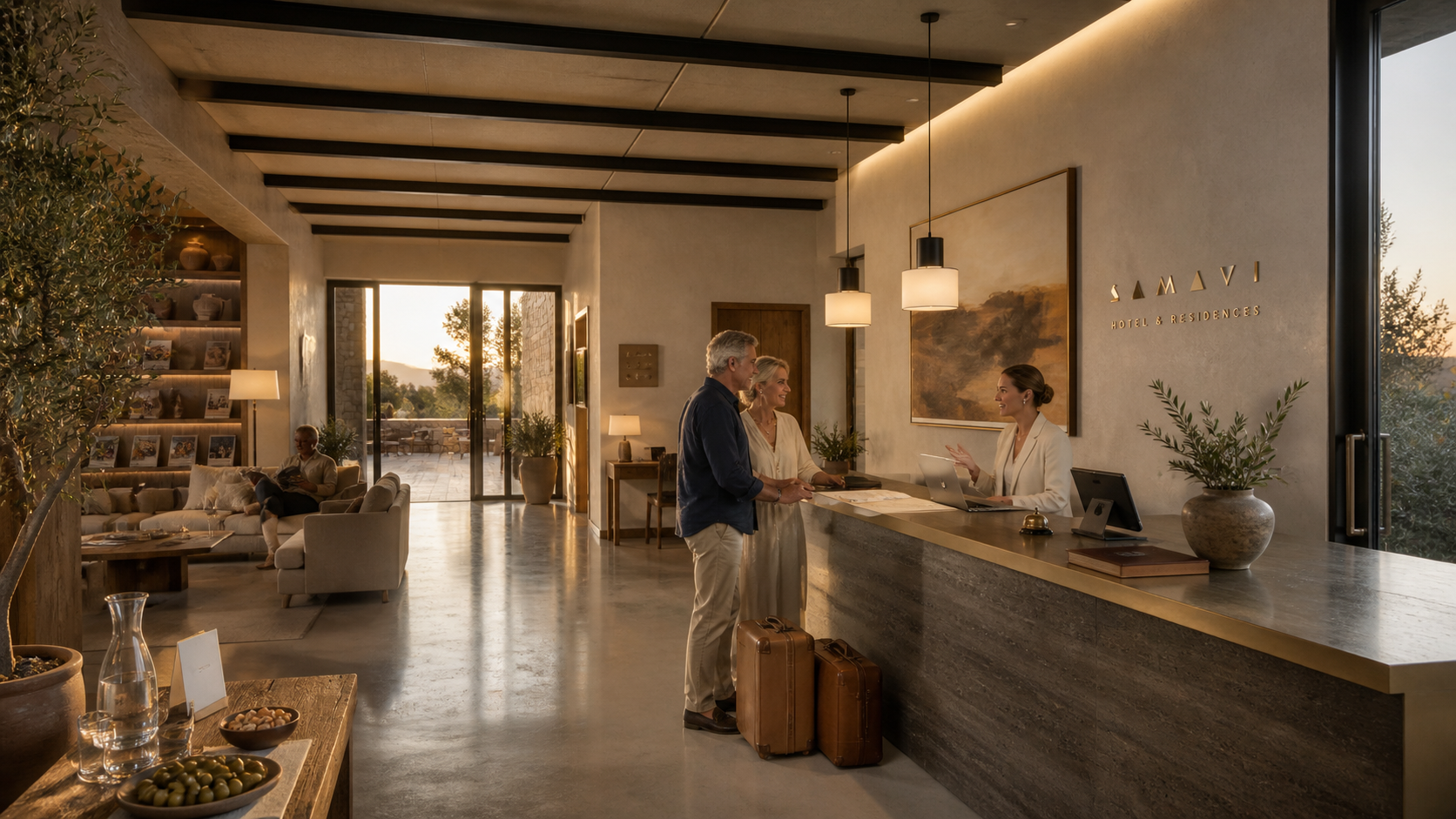 Boutique hotel reception lobby at sunset