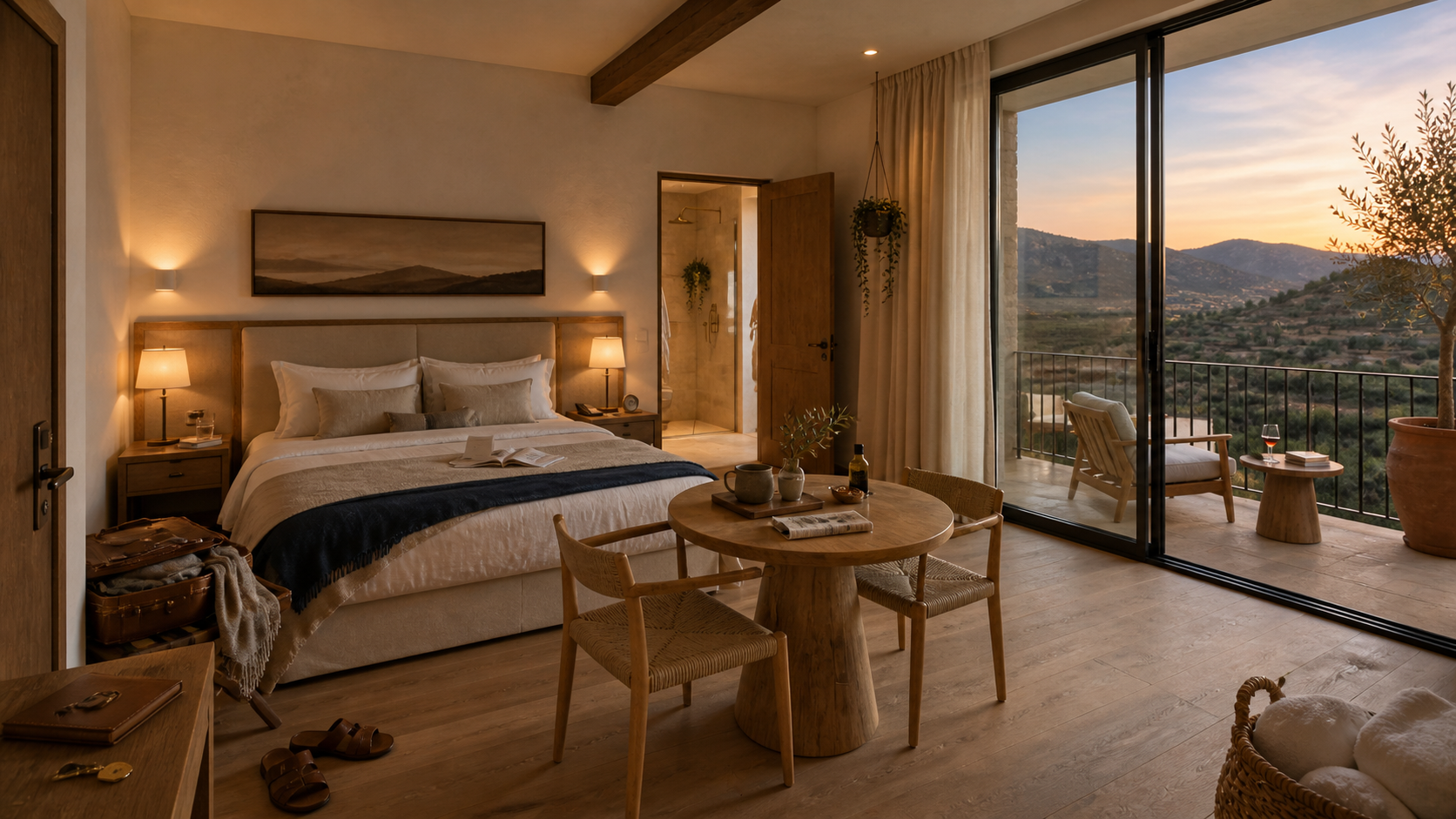 Boutique hotel guest room with sierra view